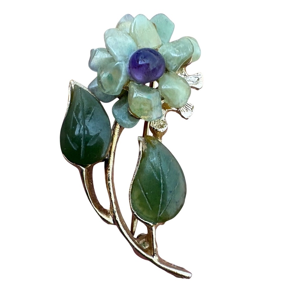 Gold Tone Flower Brooch with Jade Leaves and Amethyst Center